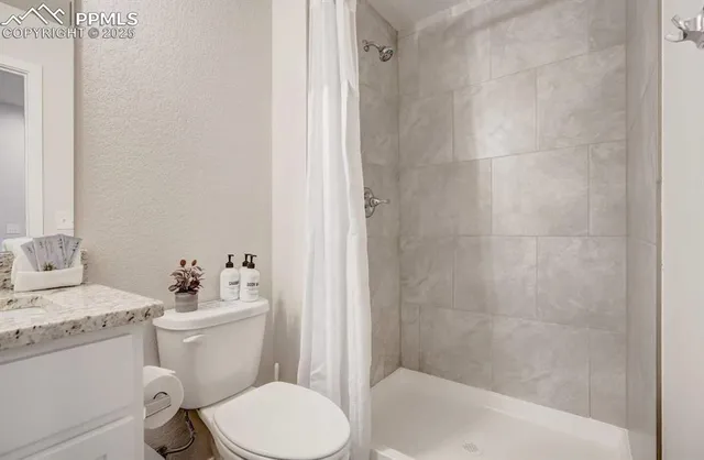 a bathroom with a sink toilet vanity and shower