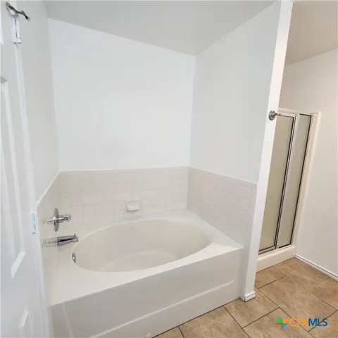 a bathroom with a bathtub and a shower