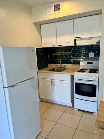 a kitchen with a stove a sink and a refrigerator