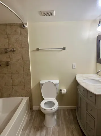 a bathroom with a sink a toilet and bathtub