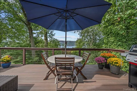 a view of a patio with furniture and a table under an umbrella
