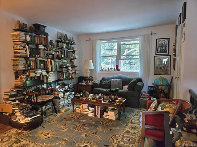 a living room with furniture a bookshelf and a window