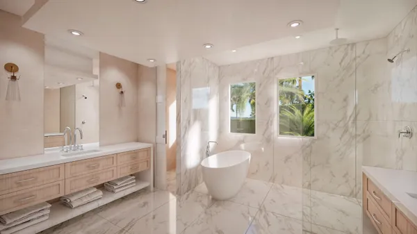 a bathroom with a double vanity sink toilet and shower