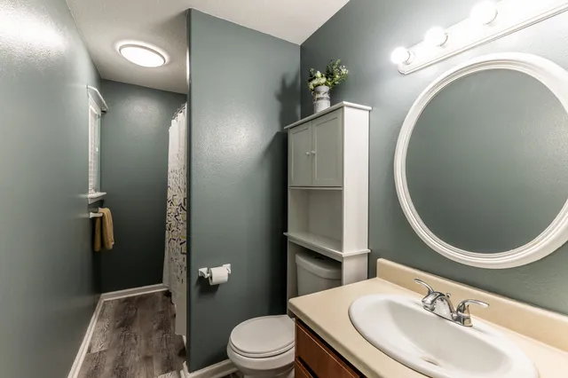 a bathroom with a toilet a sink and mirror