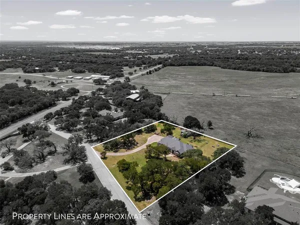 an aerial view of house with yard