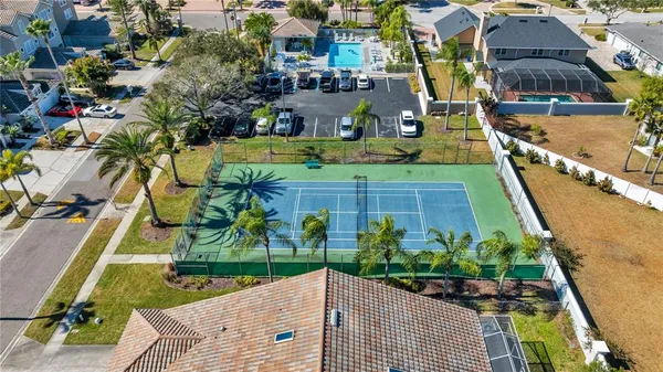 an aerial view of a house with a garden