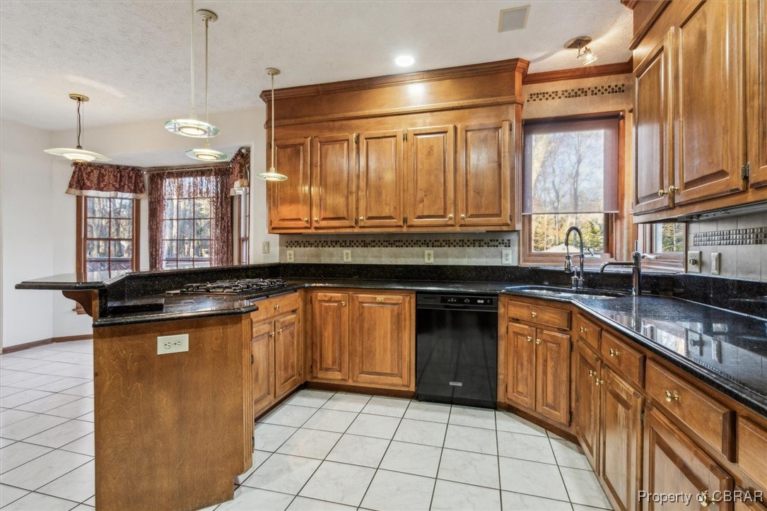 1318 Showalter Road Yorktown, VA 23692 - Photo 17 of 47 Kitchen with kitchen peninsula, sink, decorative light fixtures, dark stone countertops, and dishwasher