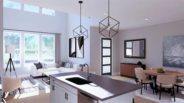 a living room with furniture a dining table and a floor to ceiling window