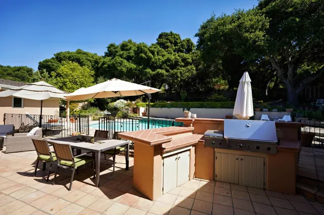 a view of a patio with a dining table and chairs under an umbrella with a barbeque grill and plants