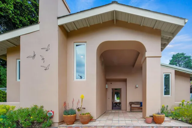 a front view of a house with plants