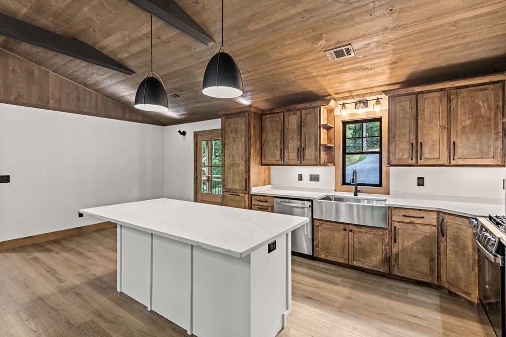 570 Cabin Trail Blue Ridge, GA 30513 - Photo 19 of 53 a kitchen with a stove and a dishwasher with wooden floor