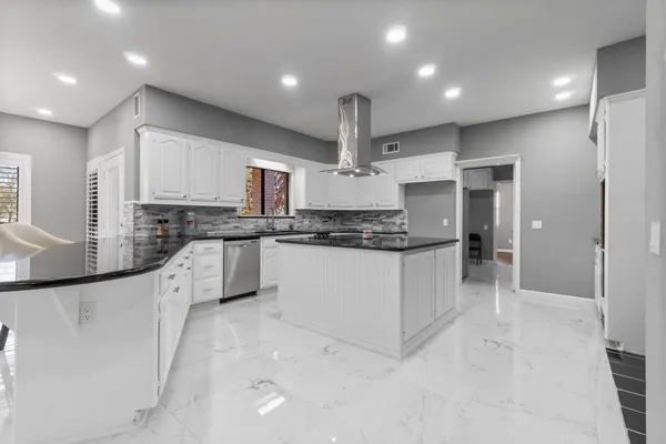a large kitchen with stainless steel appliances cabinets a sink and a counter top space
