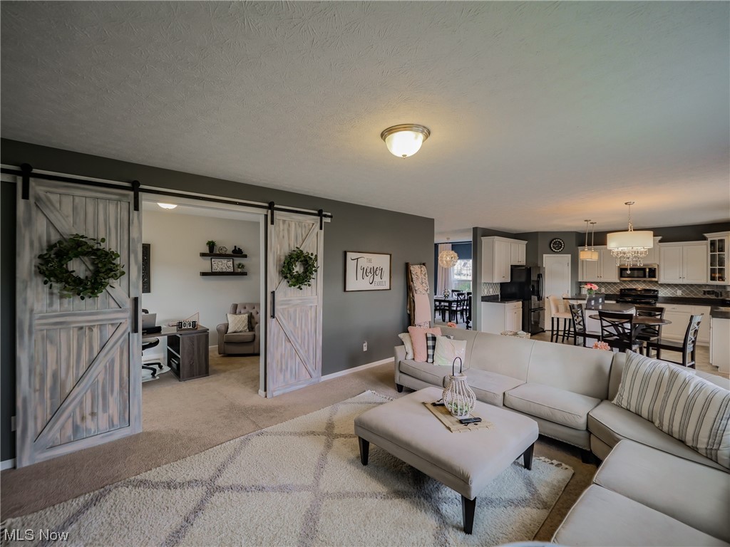 37571 Amber Way North Ridgeville, OH 44039 - Photo 13 of 35 Carpeted living room with a chandelier, a barn door, and a textured ceiling