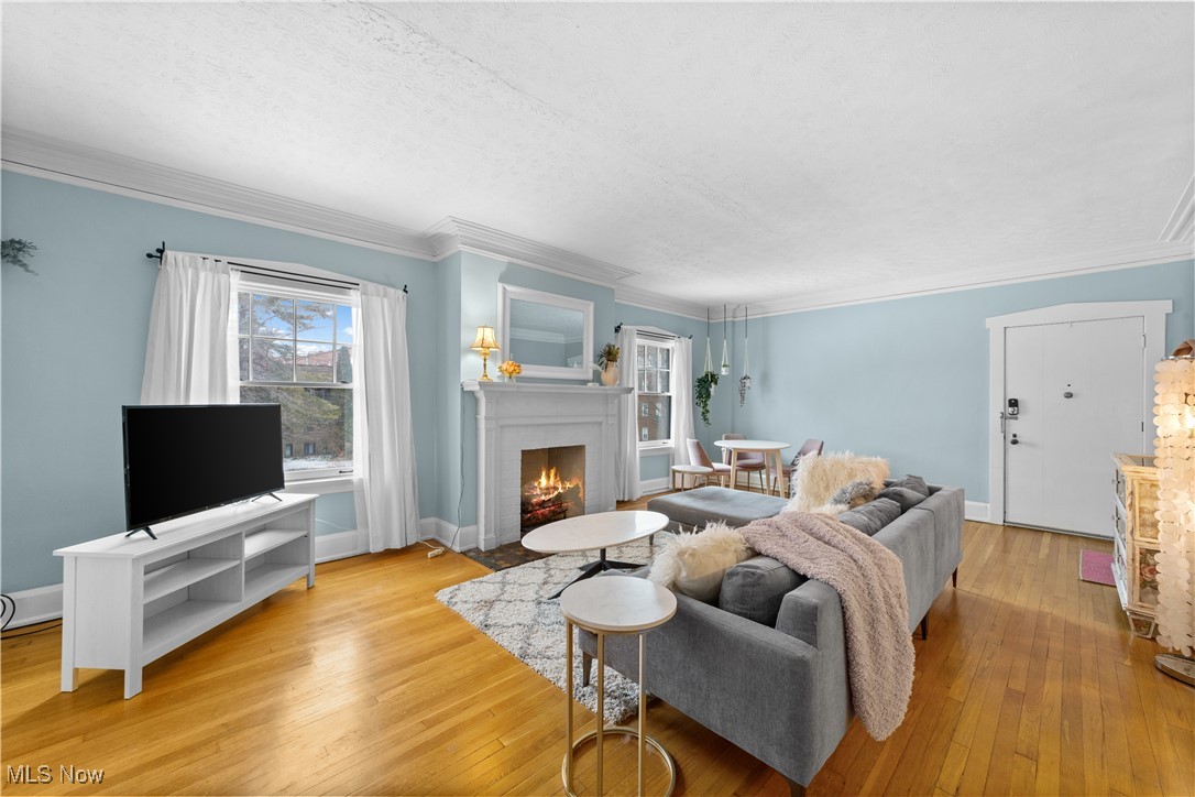 2472 Overlook Road, Unit 3 Cleveland, OH 44106 - Photo 5 of 11 Living area featuring crown molding, baseboards, a fireplace with flush hearth, light wood-type flooring, and a textured ceiling