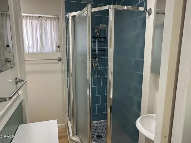 a bathroom with a shower and a toilet