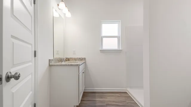 a bathroom with a sink and vanity
