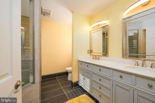 a bathroom with a double vanity sink mirror and toilet