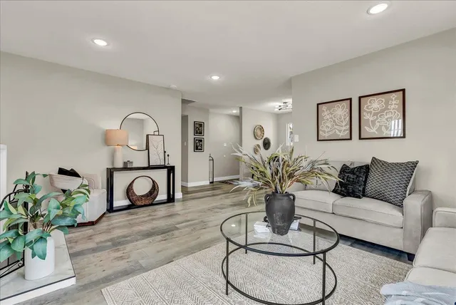 a living room with furniture a couch and a potted plant