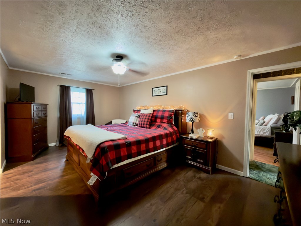 17377 Murphy Road Amesville, OH 45711 - Photo 21 of 43 Bedroom with dark wood-style floors, ceiling fan, crown molding, and a textured ceiling