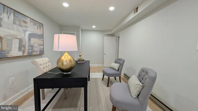 a view of a dining room with furniture