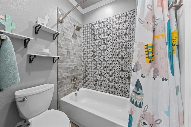 a bathroom with a toilet and a shower curtain