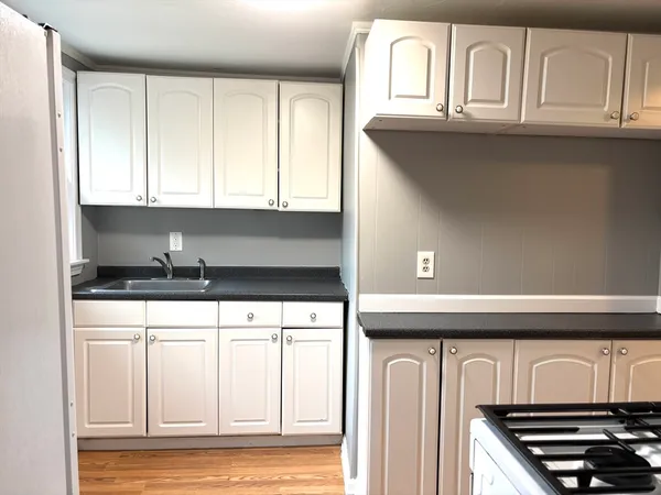 a kitchen with white cabinets and sink