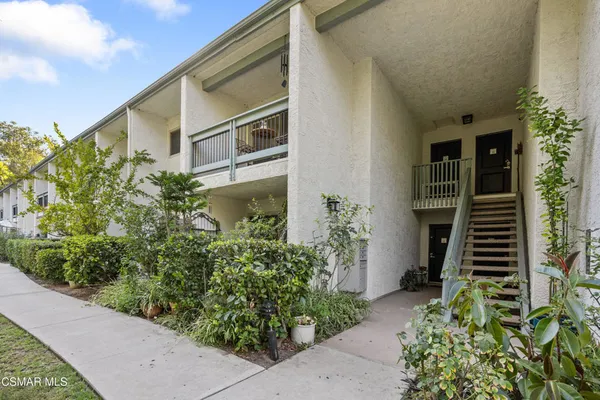 a house with potted plants in front of it