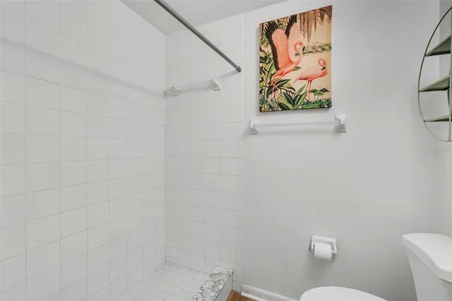 a white toilet sitting next to a shower curtain