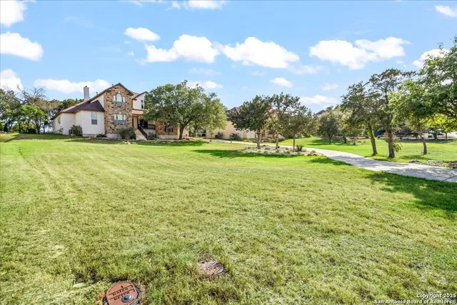 an aerial view of residential houses with outdoor space and trees