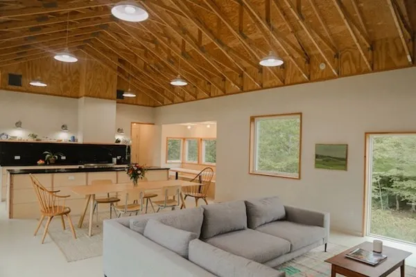a living room with furniture a rug and a window