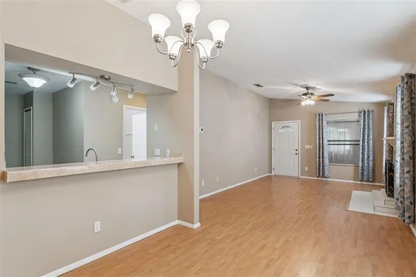 a view of a chandelier in a room