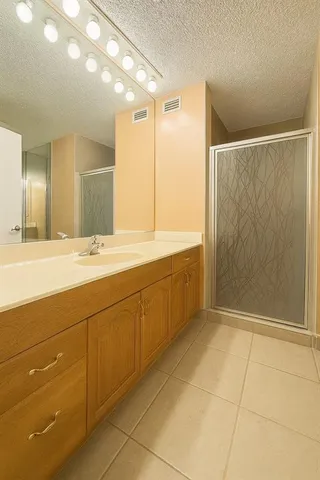 a bathroom with a mirror a sink and a shower