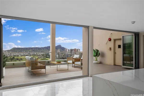 a view of a balcony with city view