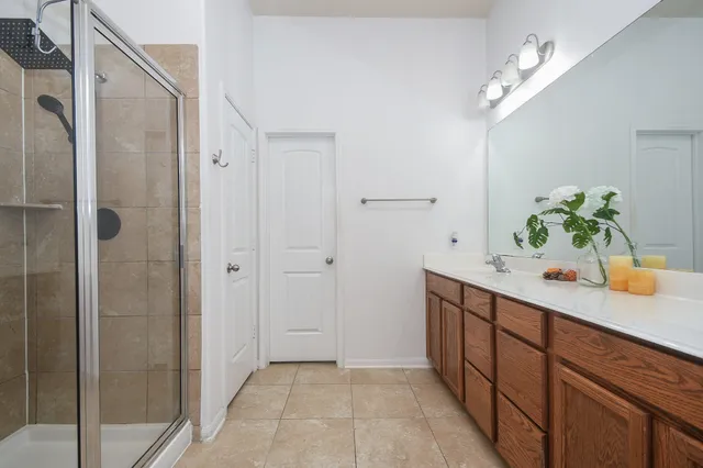 a bathroom with a sink a potted plant and a mirror