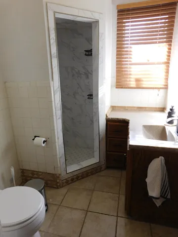 a bathroom with a sink a toilet and shower