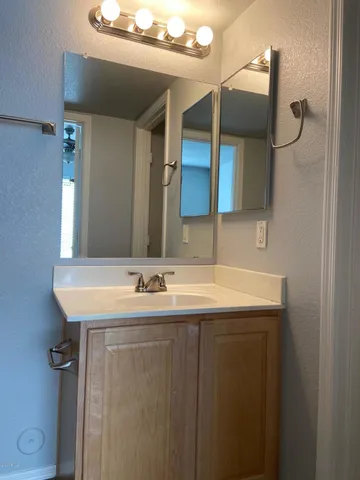 a bathroom with a sink and a mirror