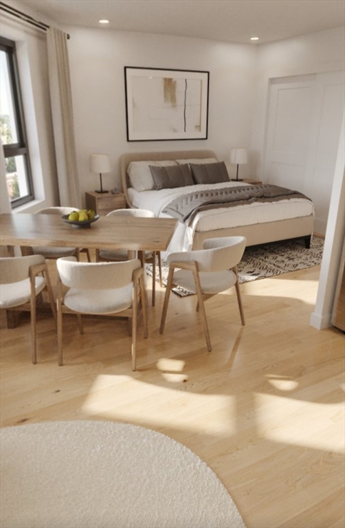 a view of a dining room with furniture