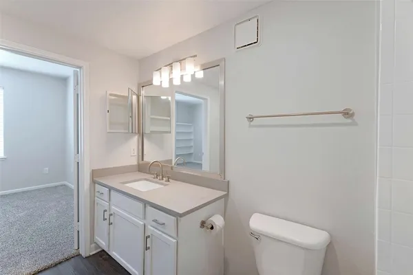 a bathroom with a sink a toilet and a mirror
