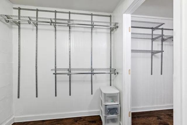 a view of a room with racks on the wall