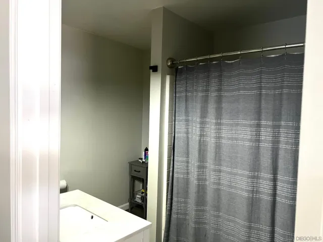 a bathroom with a shower and a sink