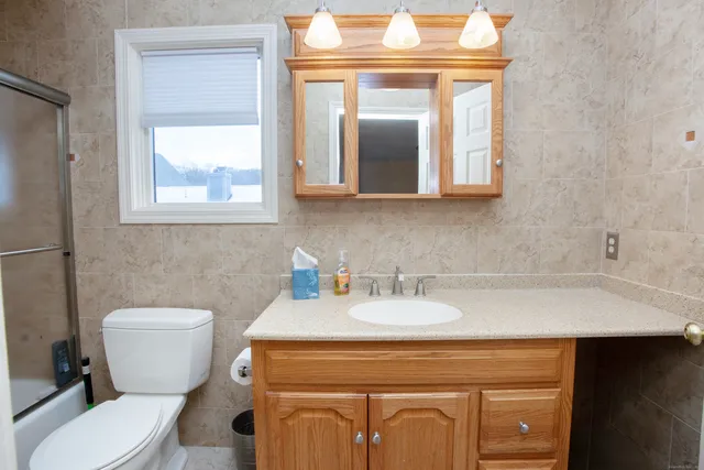 a bathroom with a toilet a sink and mirror