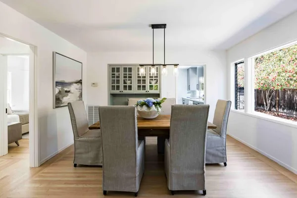a view of a dining room with furniture window and wooden floor