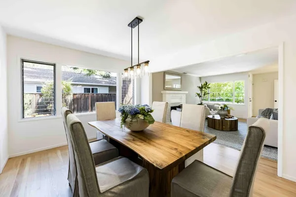 a view of a dining room with furniture window and wooden floor