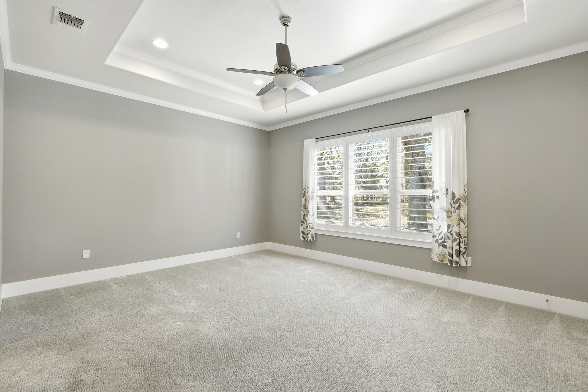 403 Highland Spring Lane Georgetown, TX 78633 - Photo 18 of 40 Carpeted spare room with ornamental molding, a ceiling fan, and a tray ceiling