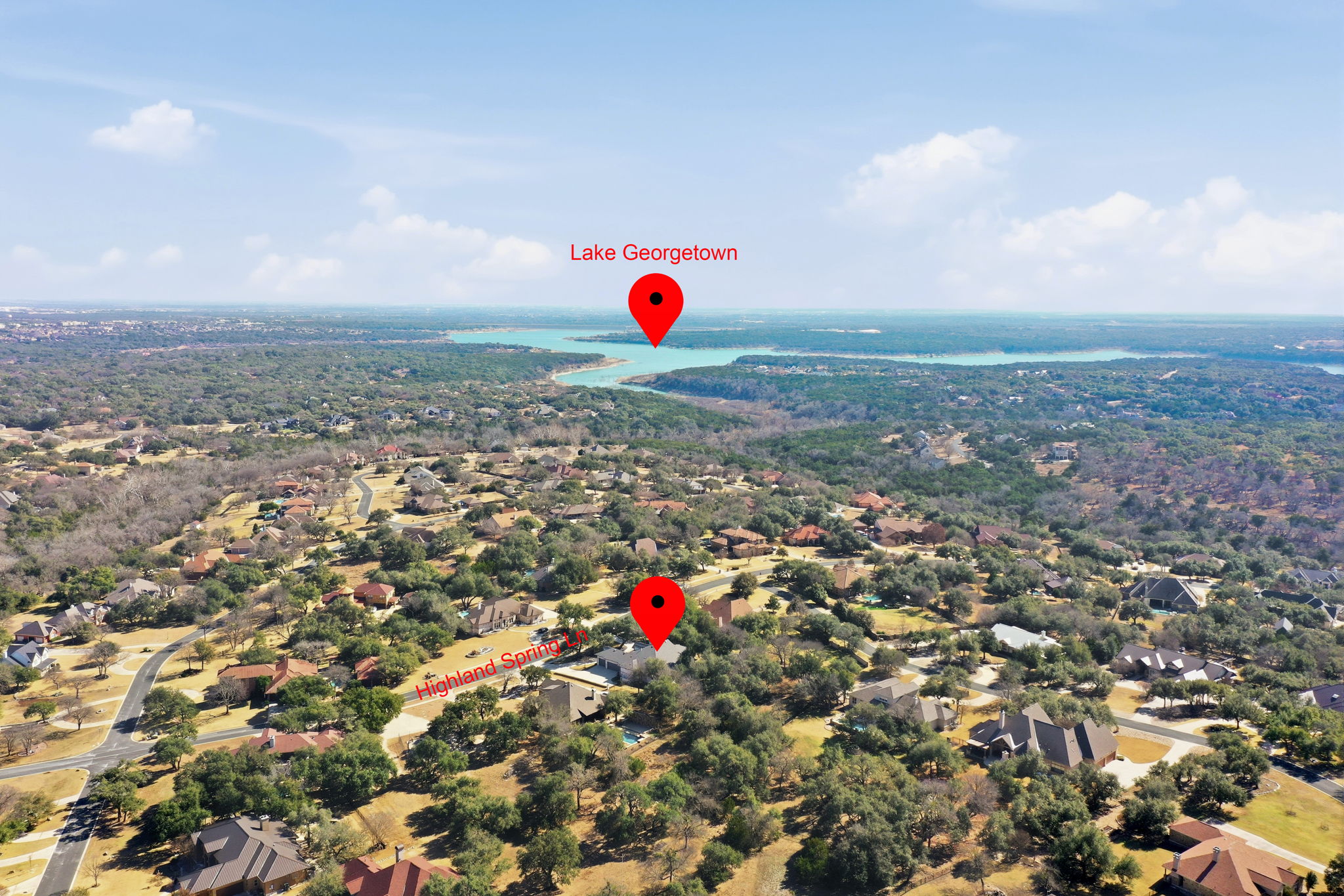 403 Highland Spring Lane Georgetown, TX 78633 - Photo 3 of 40 Aerial view of property's location with nearby suburban area