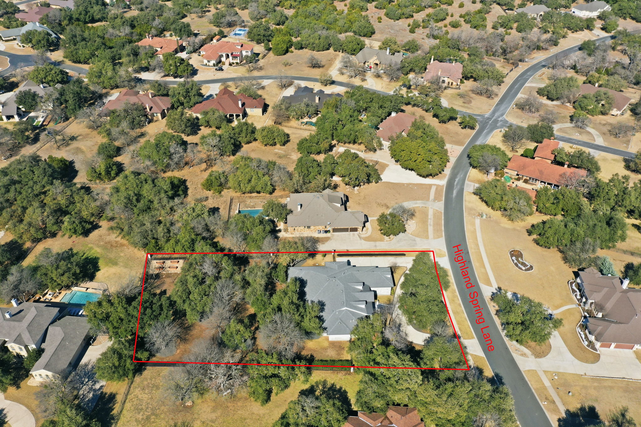 403 Highland Spring Lane Georgetown, TX 78633 - Photo 39 of 40 Aerial view of residential area featuring property boundaries highlighted