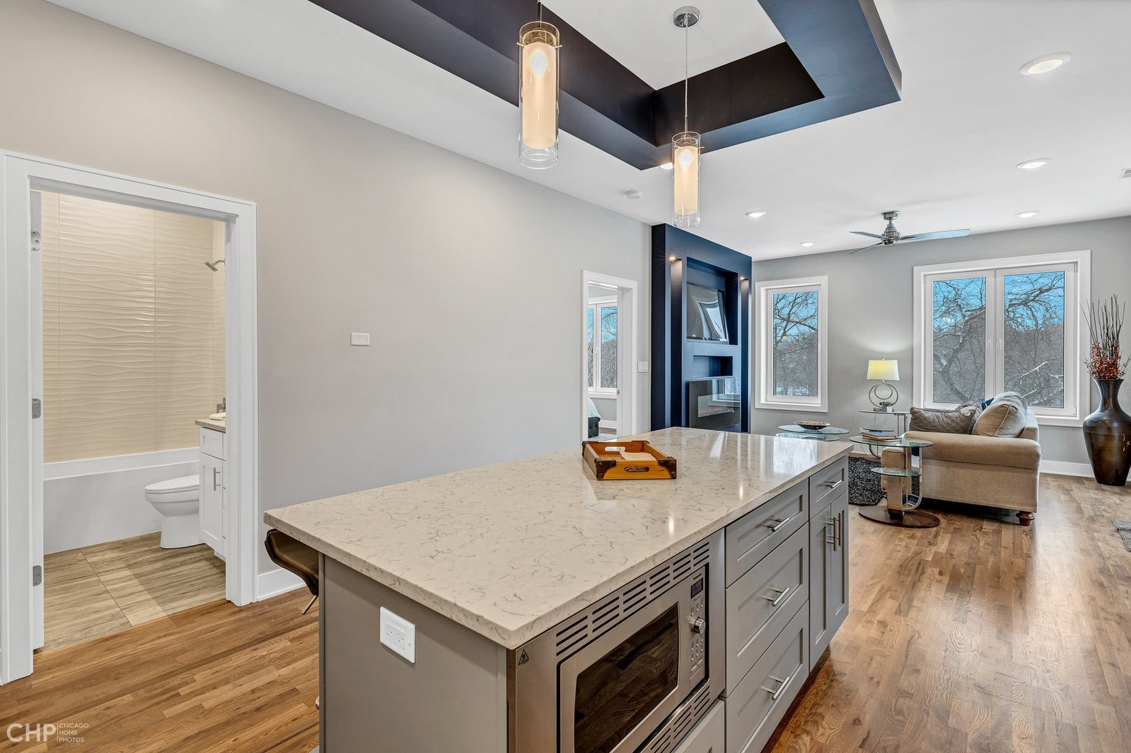 4101 South Drexel Boulevard, Unit 101 Chicago, IL 60653 - Photo 3 of 19 a living room with stainless steel appliances granite countertop a sink dishwasher and a dining table with wooden floor