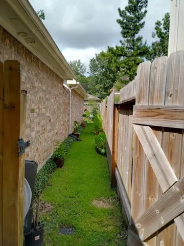 a view of a backyard with plants and a patio