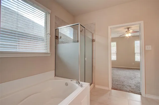 a bathroom with a bathtub and a shower