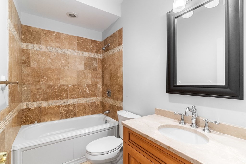 16 Worcester Square, Unit 3 Boston, MA 02118 - Photo 13 of 18 a bathroom with a granite countertop bathtub shower sink vanity mirror and toilet
